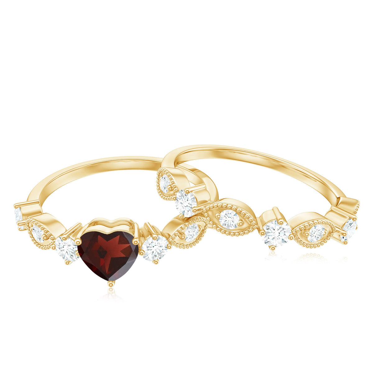 Natural garnet diamond heart engagement ring with matching wedding band from Rosec Jewels, showcasing intricate design and sparkling gemstones.