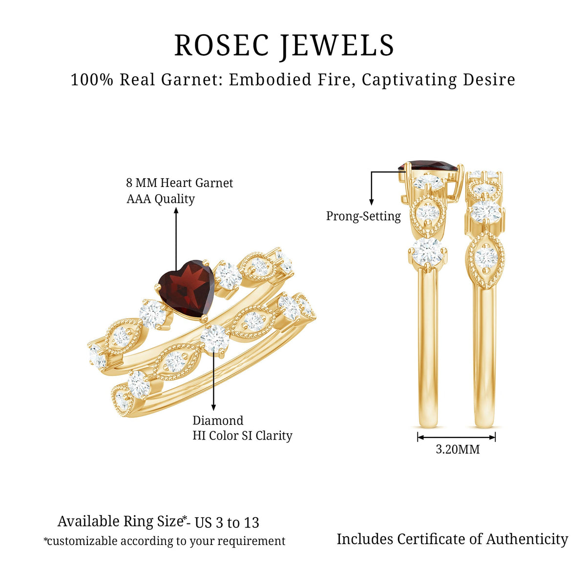 Natural garnet diamond heart engagement ring with matching wedding band, featuring intricate detailing from Rosec Jewels.