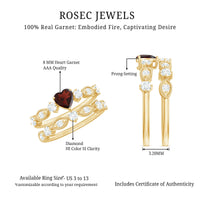 Natural garnet diamond heart engagement ring with matching wedding band, featuring intricate detailing from Rosec Jewels.