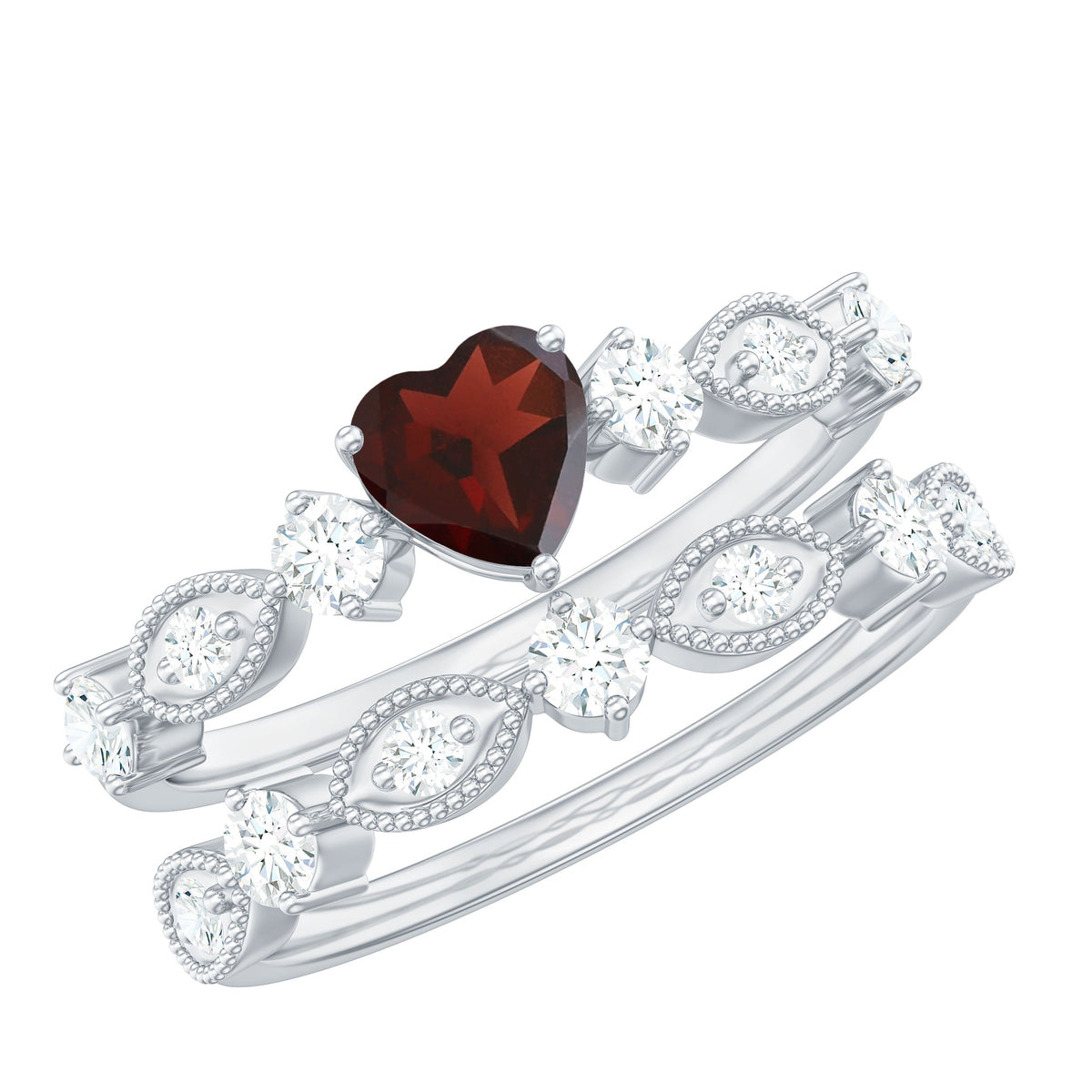 Natural garnet and diamond heart engagement ring with wedding band from Rosec Jewels, featuring intricate design and sparkling gemstones.