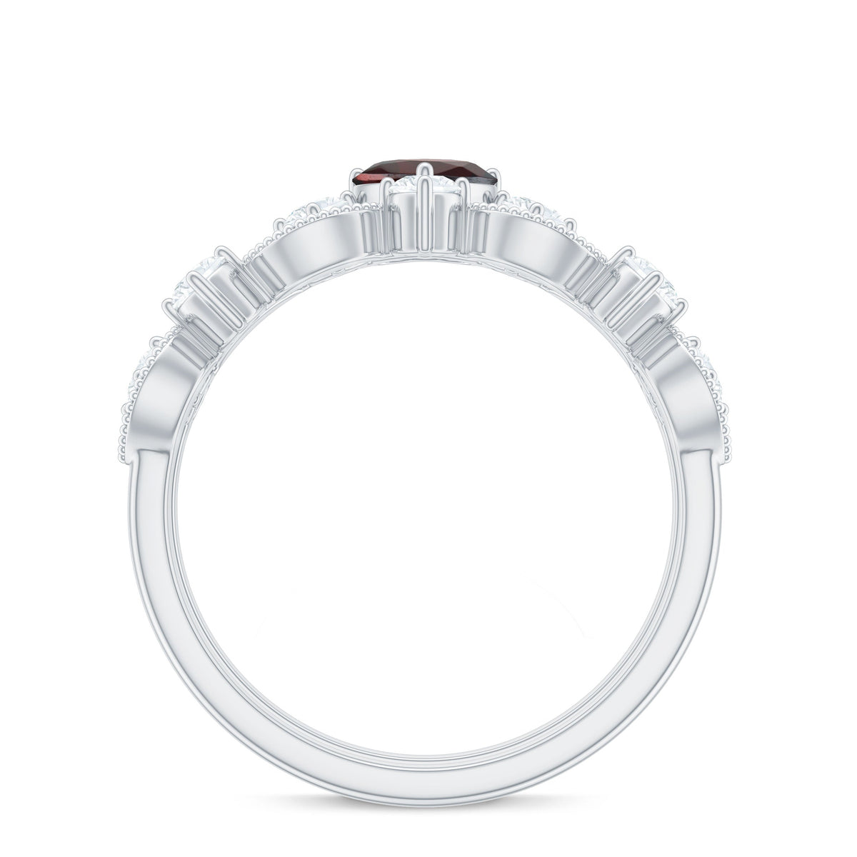 Natural garnet and diamond heart engagement ring with matching wedding band from Rosec Jewels, featuring intricate detailing and sparkling stones.