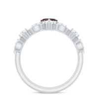Natural garnet and diamond heart engagement ring with matching wedding band from Rosec Jewels, featuring intricate detailing and sparkling stones.