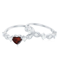 Natural garnet and diamond heart engagement ring with matching wedding band by Rosec Jewels, showcasing intricate design and sparkling stones.