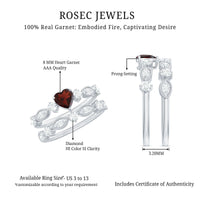 Natural garnet diamond heart engagement ring with matching wedding band by Rosec Jewels, showcasing sparkling gemstones and elegant design.