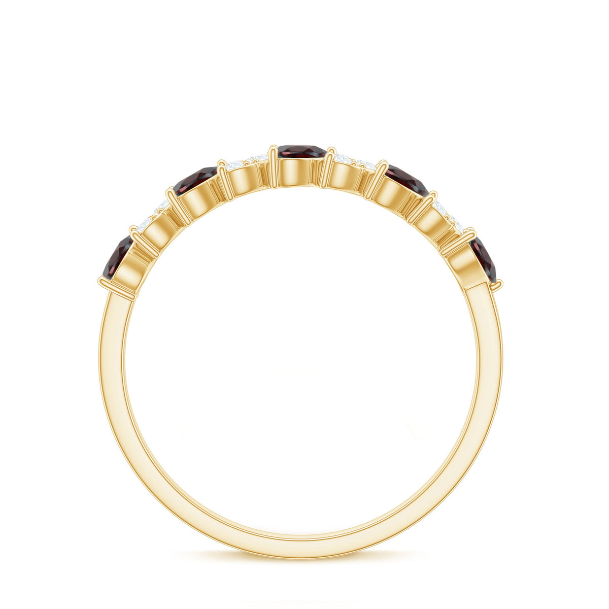 Natural garnet diamond heart eternity ring in east-west style, featuring Rosec Jewels' elegant design and sparkling gemstones.