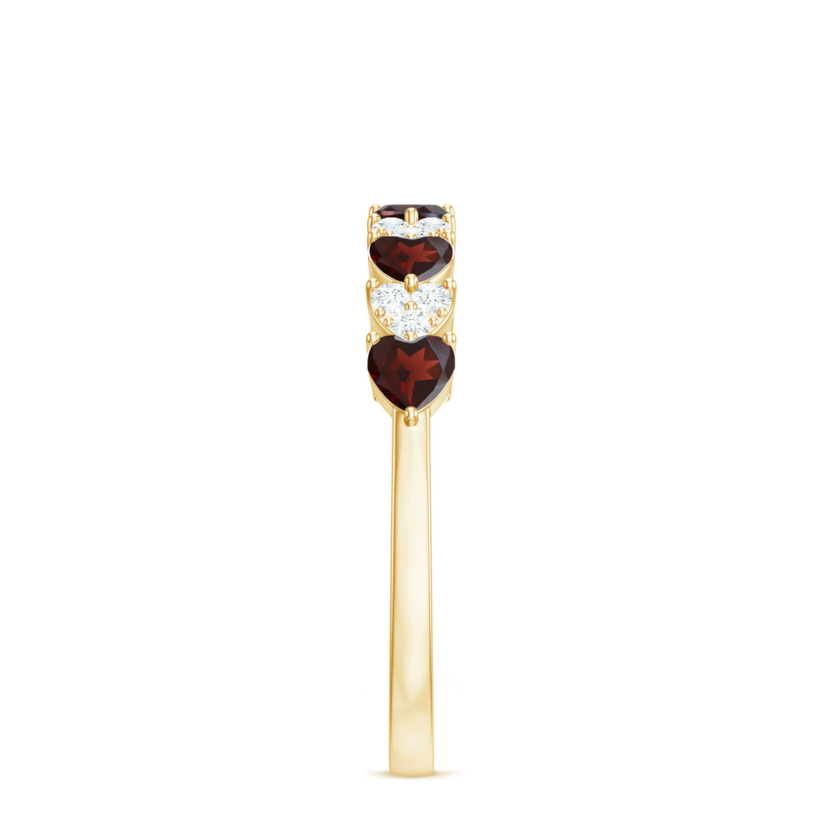 Natural garnet and diamond heart eternity ring in east-west style by Rosec Jewels, showcasing intricate design and sparkling gemstones.