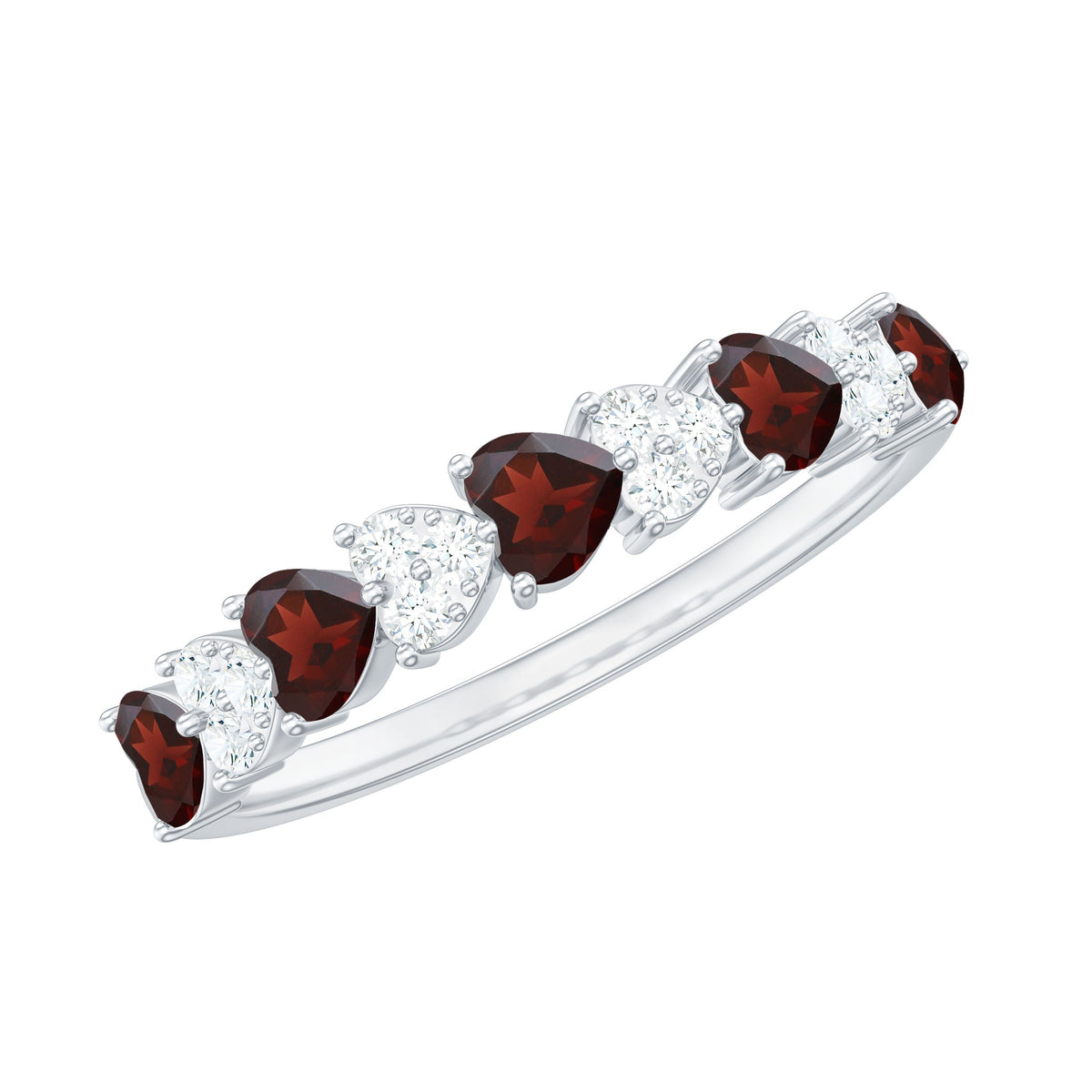 Natural garnet diamond heart eternity ring in east-west style by Rosec Jewels, featuring a band with heart-shaped garnet and diamond accents.