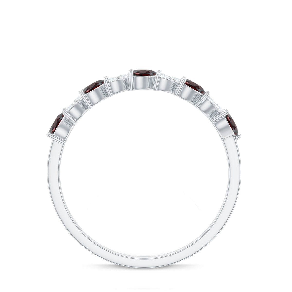 Natural garnet diamond heart eternity ring in east-west style, showcasing Rosec Jewels' elegant design with sparkling gemstones.