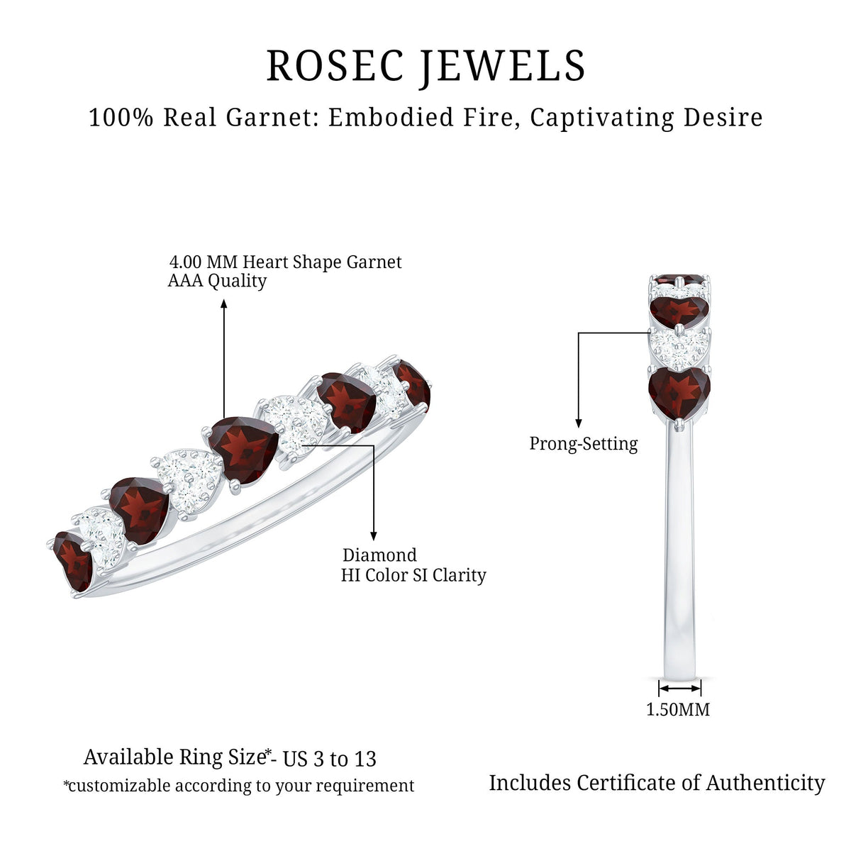 Natural garnet diamond heart eternity ring in east-west style, Rosec Jewels, with sparkling gemstones and intricate band design.