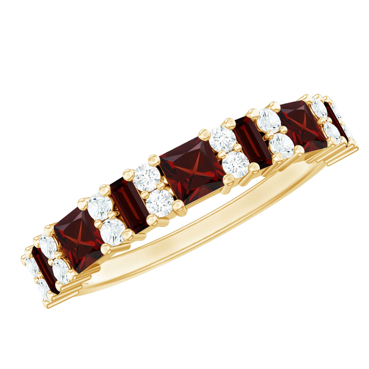 Natural red garnet half eternity ring with diamonds from Rosec Jewels, showcasing sparkling gemstones and elegant band design.