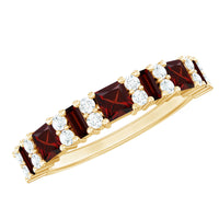 Natural red garnet half eternity ring with diamonds from Rosec Jewels, showcasing sparkling gemstones and elegant band design.