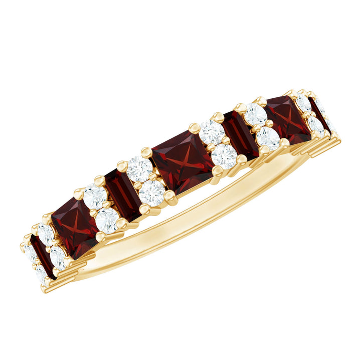Natural red garnet half eternity ring with diamonds from Rosec Jewels, showcasing sparkling gemstones and elegant band design.