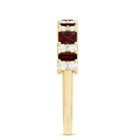 Natural red garnet half eternity ring with diamonds from Rosec Jewels, showcasing a band of vibrant gemstones and sparkling accents.