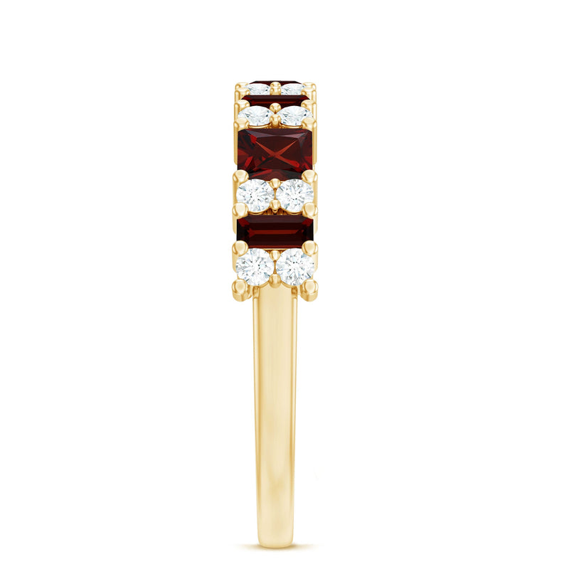 Natural red garnet half eternity ring with diamonds from Rosec Jewels, showcasing a band of vibrant gemstones and sparkling accents.