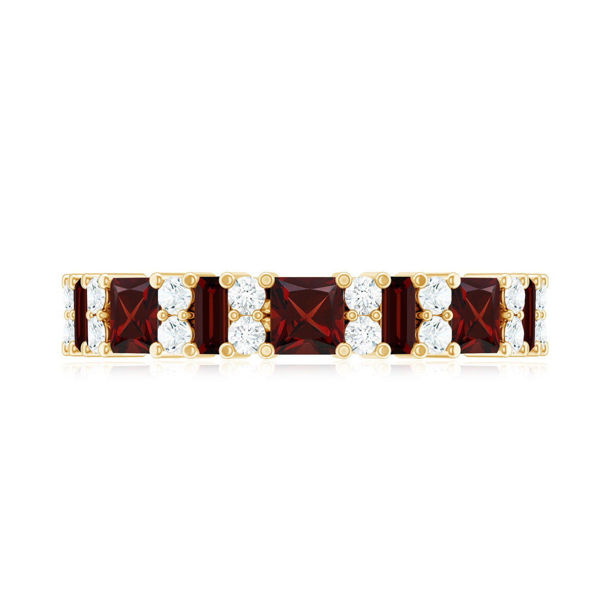Natural red garnet half eternity ring with diamond accents from Rosec Jewels, showcasing a band of sparkling gemstones and rich red color.