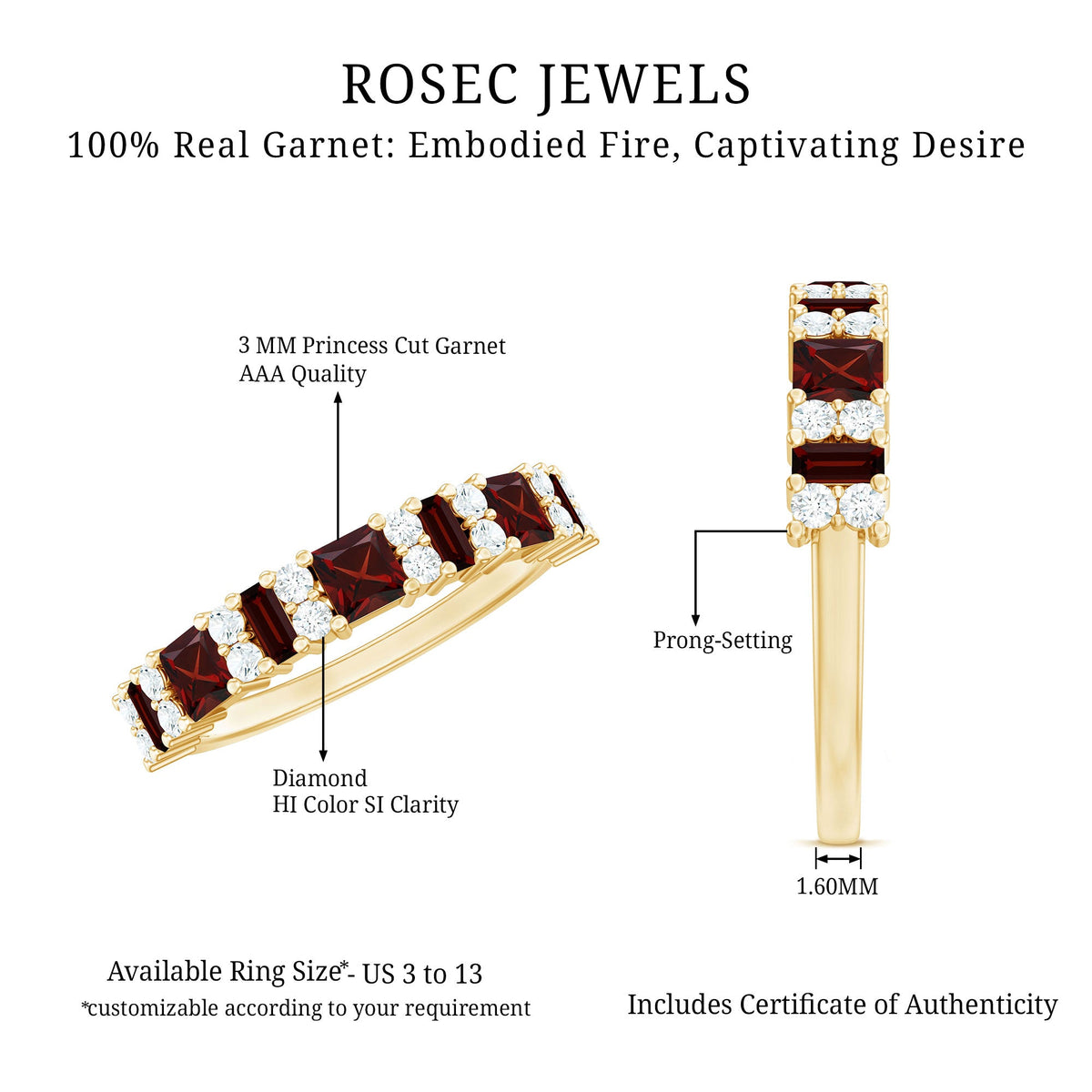 Natural red garnet half eternity ring with diamonds, rose gold band, from Rosec Jewels, showcasing sparkling stones and elegant design.