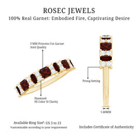 Natural red garnet half eternity ring with diamonds, rose gold band, from Rosec Jewels, showcasing sparkling stones and elegant design.