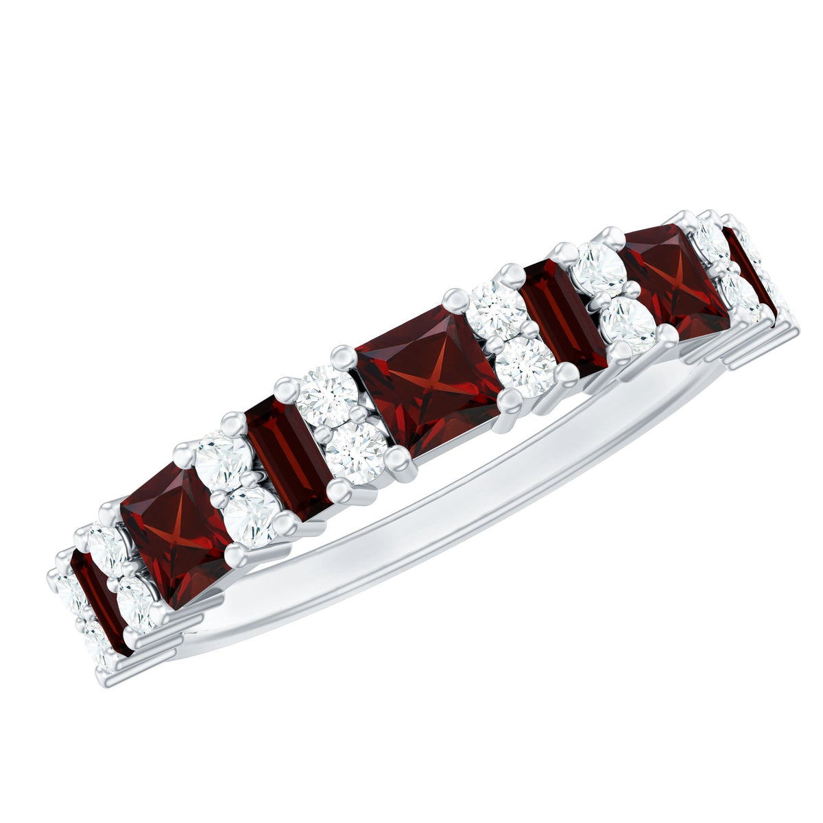 Natural red garnet half eternity ring with diamonds from Rosec Jewels, featuring a band of sparkling gemstones.