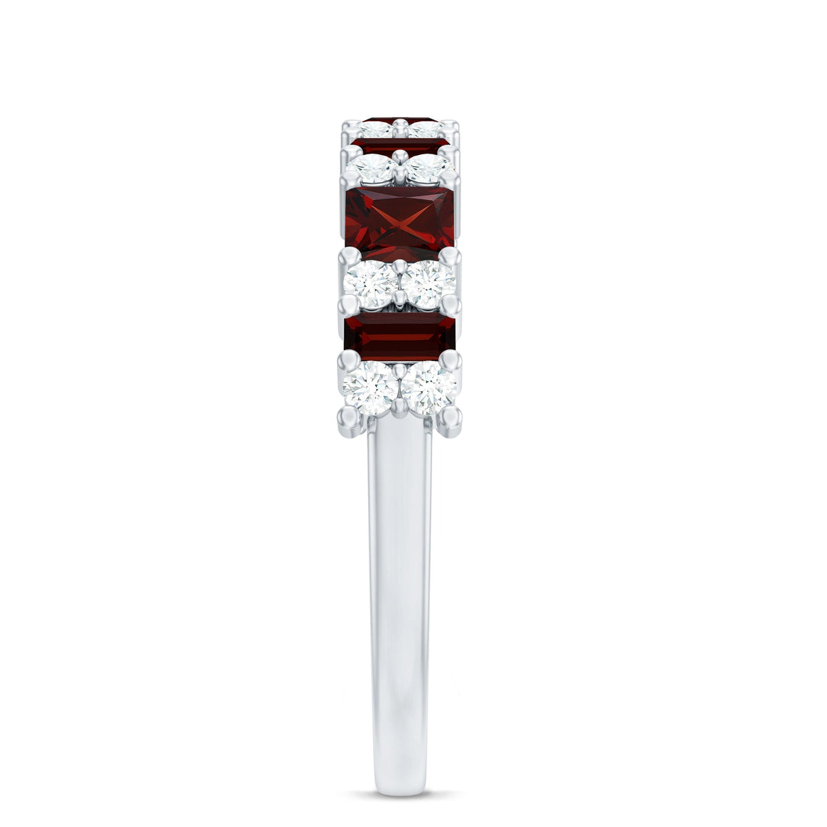 Natural red garnet half eternity ring with diamonds from Rosec Jewels, showcasing a band with alternating red garnet and diamond accents.