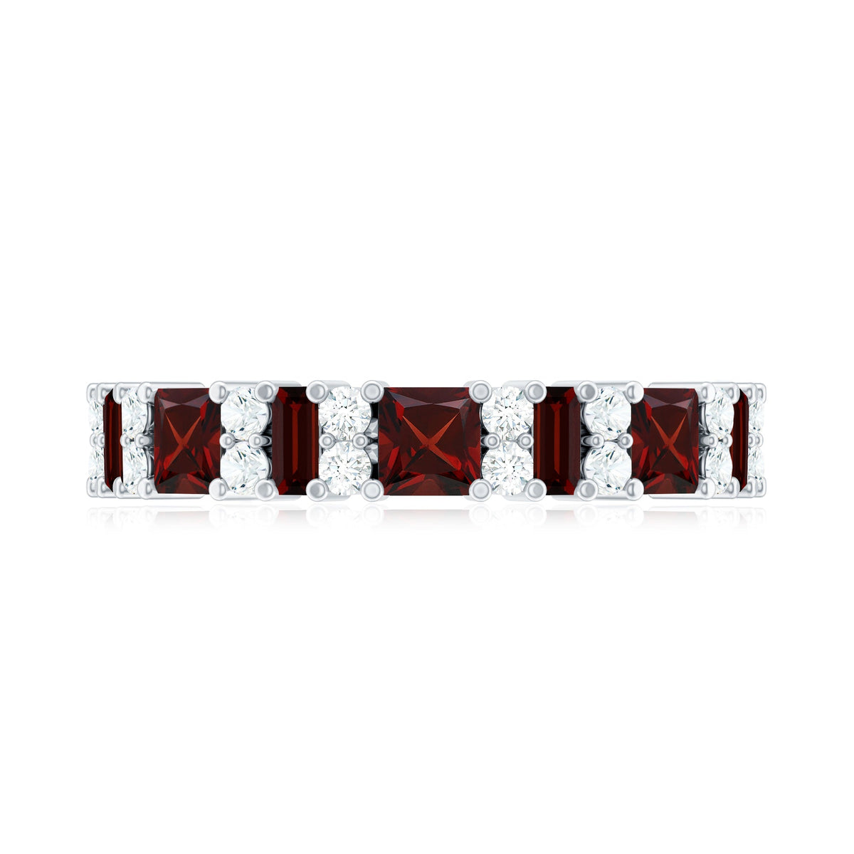 Natural red garnet half eternity ring with diamond accents by Rosec Jewels, showcasing a band of alternating gemstones and sparkling details.