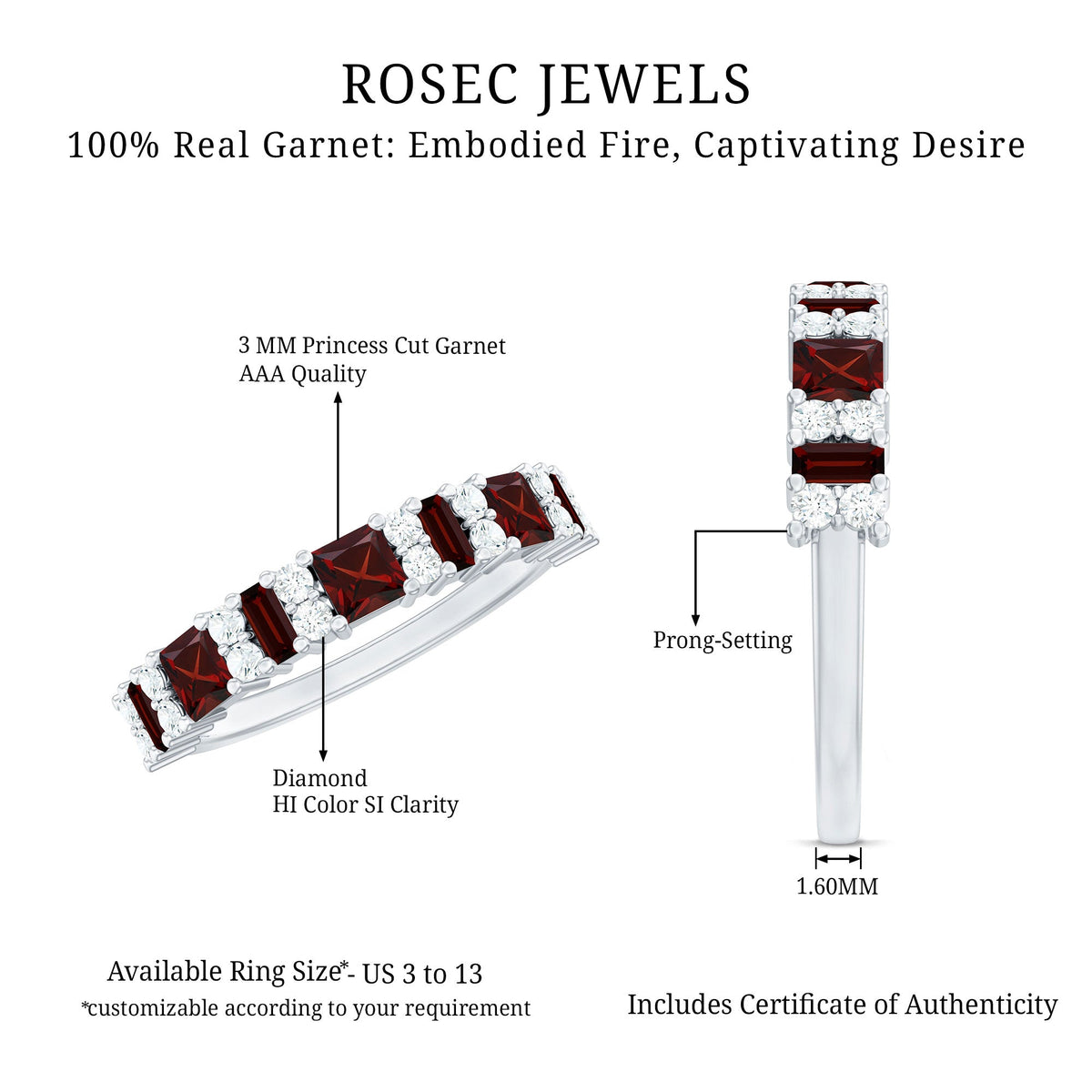 Natural red garnet half eternity ring with diamonds from Rosec Jewels, showcasing the gemstone and elegant band design.