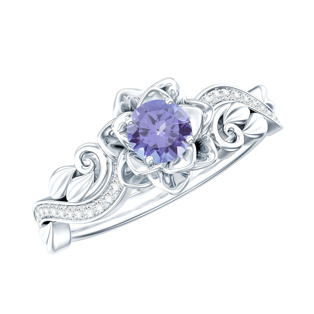 Certified Tanzanite and Diamond flower engagement ring in silver, featuring intricate floral design and sparkling gemstones.