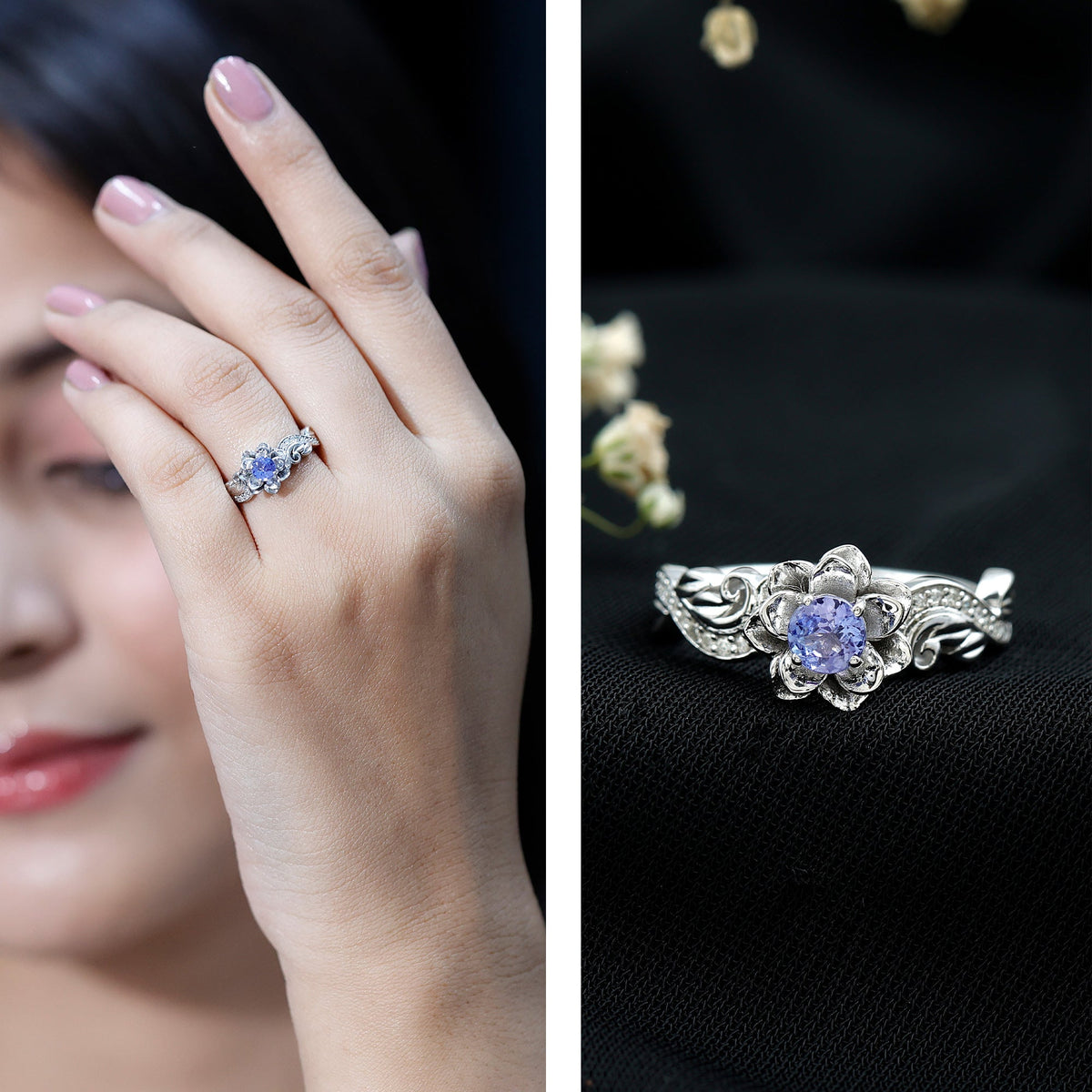 Certified Tanzanite and diamond flower engagement ring in silver with intricate floral design by Rosec Jewels