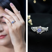 Certified Tanzanite and diamond flower engagement ring in silver with intricate floral design by Rosec Jewels