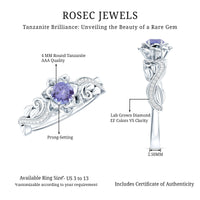 Certified Tanzanite and diamond flower engagement ring in silver with intricate floral design by Rosec Jewels.