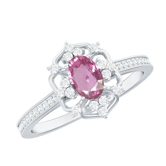Natural pink sapphire and diamond vintage engagement ring in silver, featuring intricate design, from Rosec Jewels.