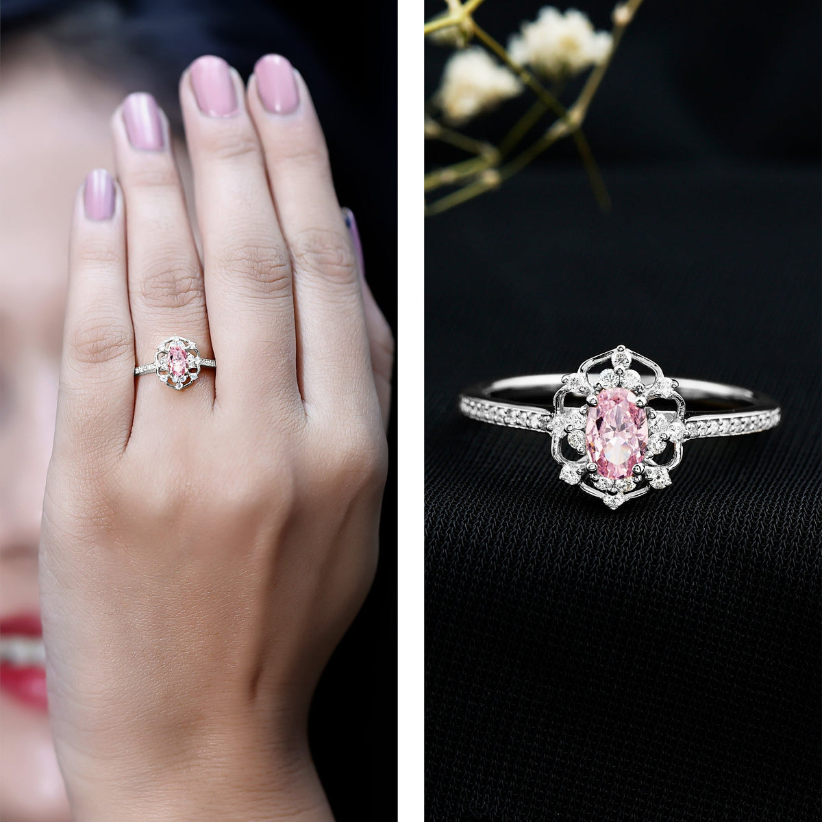 Natural pink sapphire and diamond vintage engagement ring in silver, featuring intricate design from Rosec Jewels.