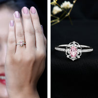 Natural pink sapphire and diamond vintage engagement ring in silver, featuring intricate design from Rosec Jewels.