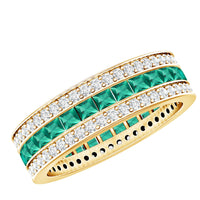 Lab grown emerald eternity wedding band with three rows of gemstones in a Rosec Jewels ring design.