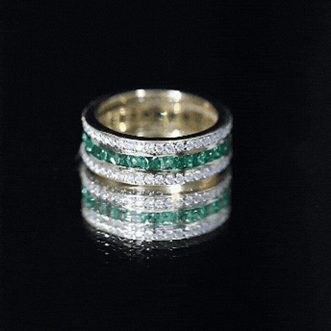 Yellow gold lab-grown emerald wedding band with three rows of sparkling emeralds, crafted by Rosec Jewels.
