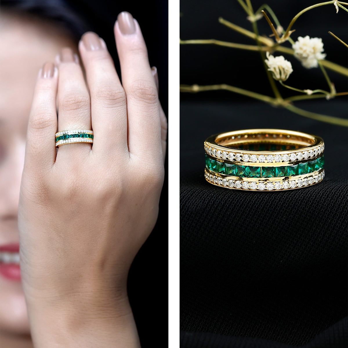 Lab-grown emerald eternity wedding band with three rows of sparkling emeralds, crafted by Rosec Jewels.