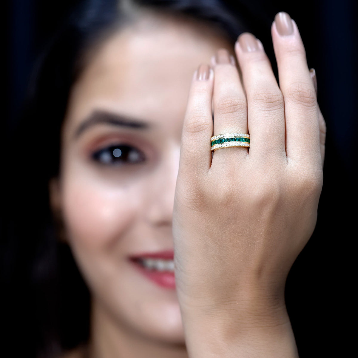 Certified lab-grown emerald 3-row eternity wedding band from Rosec Jewels, featuring sparkling emeralds set in a sleek ring.