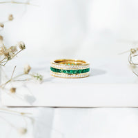 Certified lab-grown emerald 3-row eternity wedding band ring by Rosec Jewels with sparkling green gemstones.