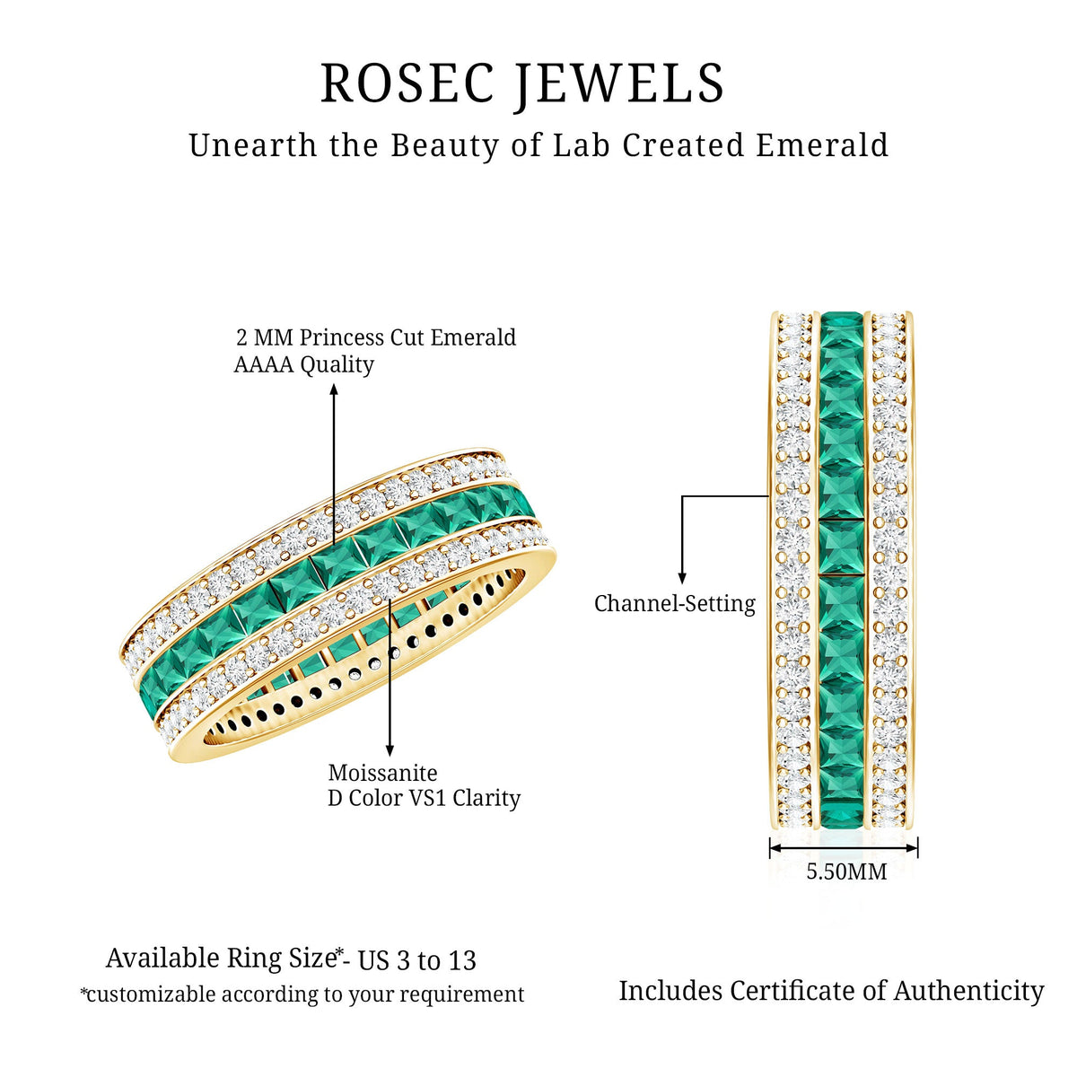 Certified lab-grown emerald 3-row eternity wedding band from Rosec Jewels, featuring sparkling green gemstones on a silver ring.