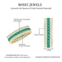 Certified lab-grown emerald 3-row eternity wedding band from Rosec Jewels, featuring sparkling green gemstones on a silver ring.