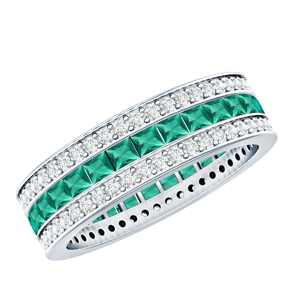 Certified lab-grown emerald 3-row eternity wedding band by Rosec Jewels, featuring sparkling green gemstones and a sleek silver band.