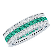 Certified lab-grown emerald 3-row eternity wedding band by Rosec Jewels, featuring sparkling green gemstones and a sleek silver band.
