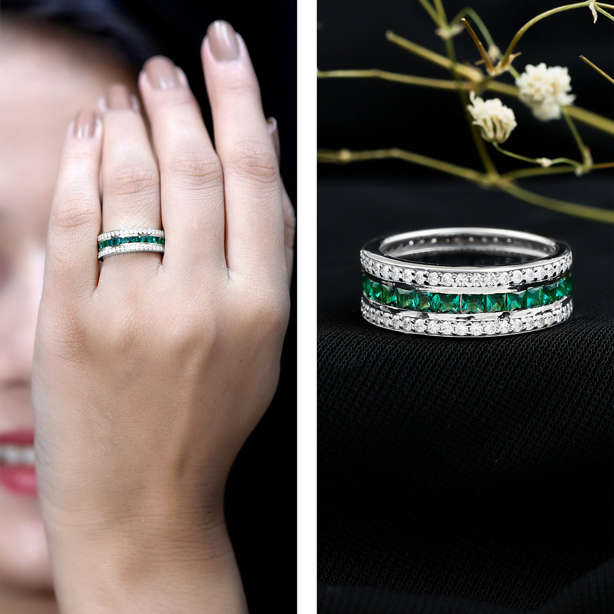 Lab-grown emerald eternity wedding band with three rows of sparkling emeralds, crafted by Rosec Jewels.