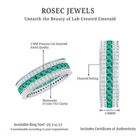 Lab grown emerald eternity wedding band with three rows of sparkling emeralds, crafted by Rosec Jewels.