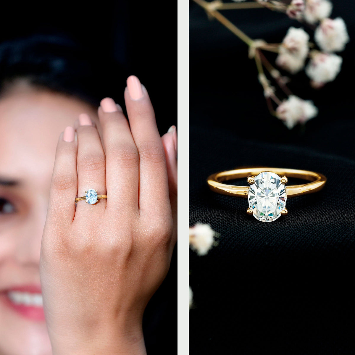 Oval moissanite engagement ring with 6x8mm stone set in a sleek band, from Rosec Jewels.