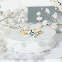 Oval-shaped moissanite engagement ring with 6x8mm solitaire center stone, set in a classic ring design by Rosec Jewels.