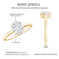 Certified 6x8mm oval moissanite solitaire engagement ring by Rosec Jewels featuring a sleek gold band and sparkling central stone.