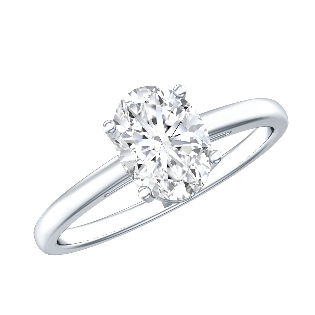 Certified 6x8mm solitaire moissanite oval engagement ring by Rosec Jewels featuring a sparkling central stone on a sleek band.