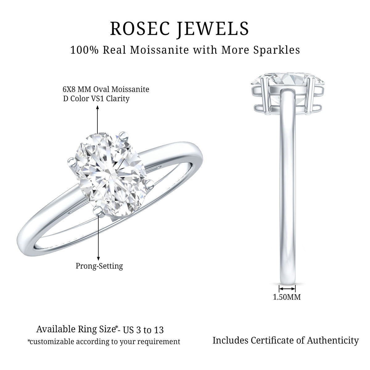 Certified 6x8mm oval moissanite solitaire engagement ring by Rosec Jewels with a sleek silver band.