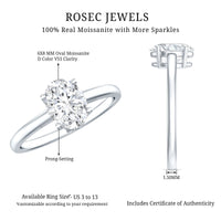 Certified 6x8mm oval moissanite solitaire engagement ring by Rosec Jewels with a sleek silver band.