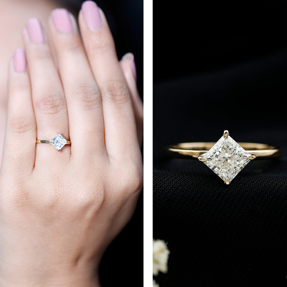 Princess cut 1.25 CT lab-grown diamond solitaire engagement ring from Rosec Jewels, showcasing a sparkling central diamond on a sleek band.